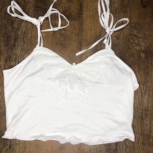Women’s Y2K Butterfly Lace Tie Spaghetti Strap Shoulder Crop Top Cami White L